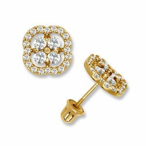 14K Solid Yellow Gold 8mm Flower Shape Micro Pave Screw Back Earrings Set